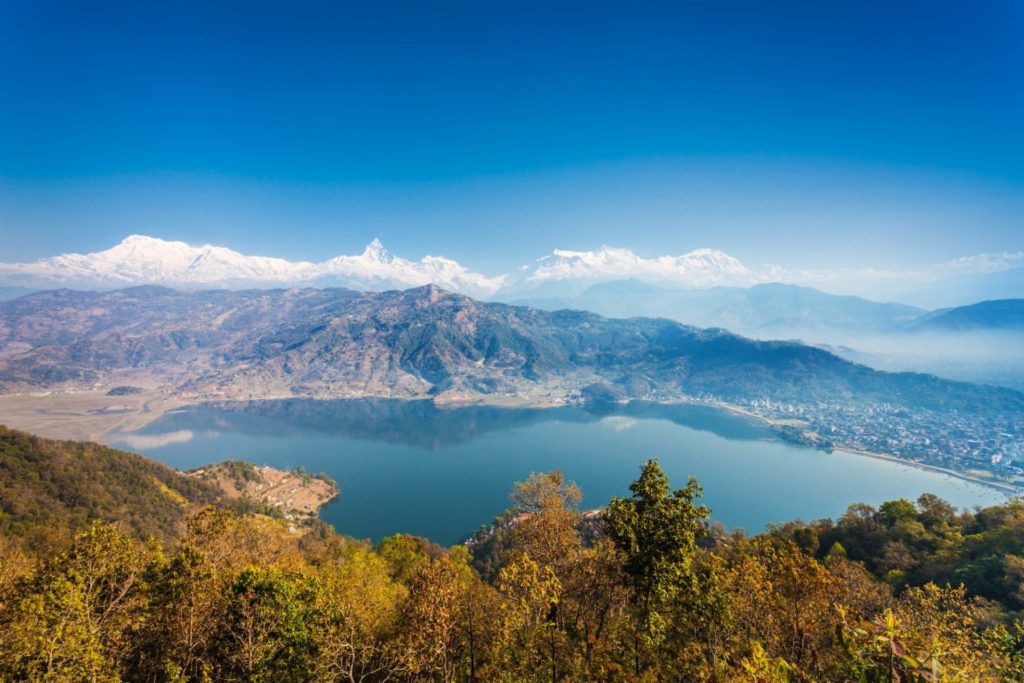 Aerial view to Phewa lake and Annapurna range