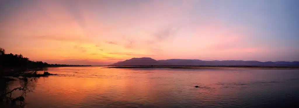 Panoramic View Of Sunset On The African Zambezi River. The Drama