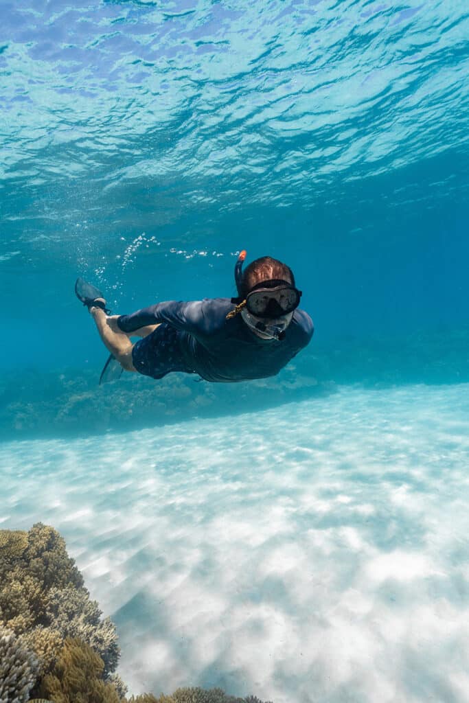 Young Man Snorkeling In The Great Barrier Reef. Visit Australia