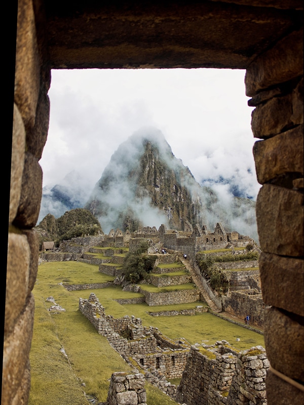 View Of Mountain Peak Through The Stone Door In Machu Picchu Aguas Peru